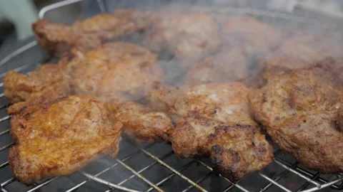 Bbq grilled pork neck. Slow motion, close-up Stock Footage 170306169
