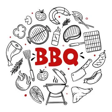 BBQ hand drawn menu items of restaurant bar cafe Vector of barbecue food dood Stock Illustration