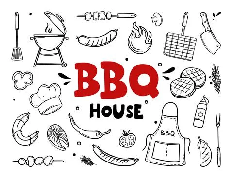 BBQ house hand drawn menu items of restaurant bar cafe Vector of barbecue foo Stock Illustration