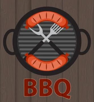 BBQ Icon with Grill Tools and Sausage on Wooden Background. Vector Illustration Illustrazione stock