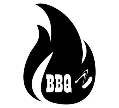 BBQ icon logo.  BBQ on a fire shape background with hot sausage Stock Illustration