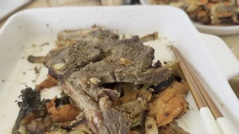 BBQ Lamb with Roasted Vegetables Stock Footage 344739989