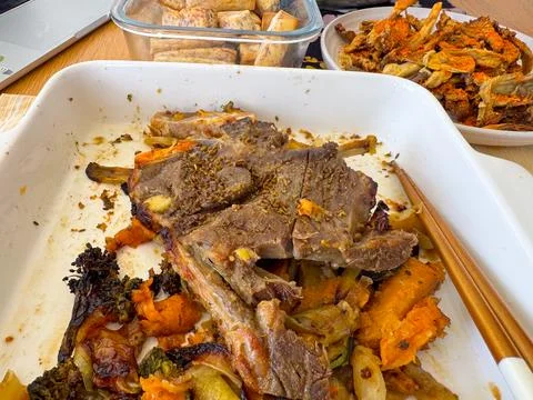 BBQ Lamb with Roasted Vegetables Stock Photos