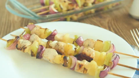 BBQ lunch or dinner- grilled meat with vegetables Stock Footage 65942896