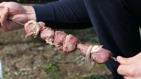 BBQ meat is being cooked on the open fire Stock Footage 146861315