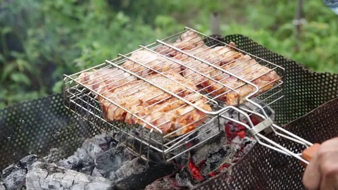 Bbq meat - cooking outside - close up Stock Footage 78719602