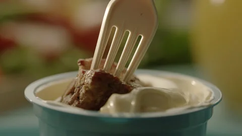 Bbq Meat Dunking in Special Savory Sauce Close-up Stock Footage 144651552