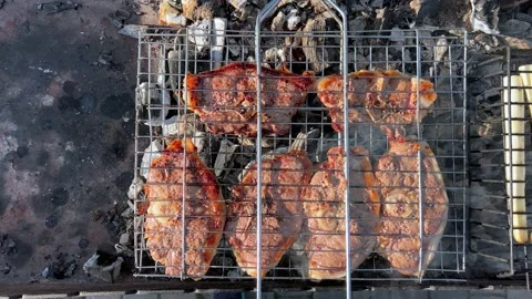 Bbq meat on a grill grate. Lamb meat on a grill grate. Stock Footage 210774343