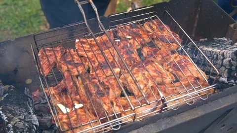 BBQ, meat roasting on the grill 스톡 동영상 75264354