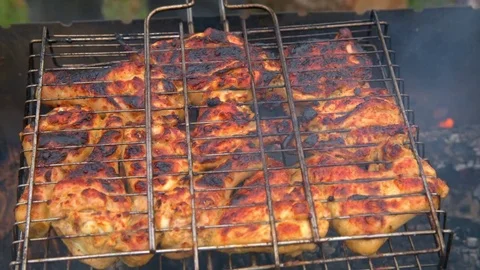 BBQ, meat roasting on the grill Stock Footage 75264406