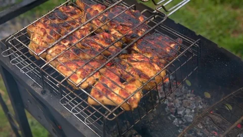 BBQ, meat roasting on the grill Stock Footage 75264557