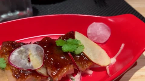 Bbq meat slices with apple cilantro and radish on a red plate Stock Footage 293170728