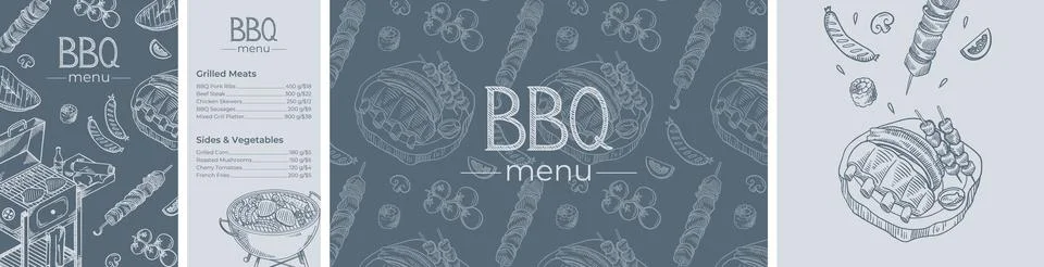 BBQ Menu Template Design and Barbecue Sketch Elements on Slate Blue Background 스톡 일러스트