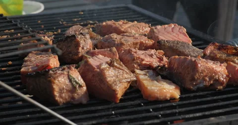 BBQ or barbeque fish on grill during summer barbeque party, close-up shot Stock Footage 251374124