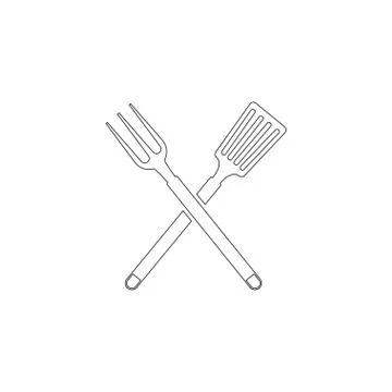 BBQ or grill tools. Crossed barbecue fork with spatula. flat vector icon Stock Illustration