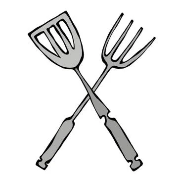 BBQ or Grill Tools Icon. Crossed Barbecue Fork with Spatula. Isolated On a White Stock Illustration