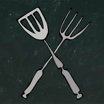 BBQ or Grill Tools Icon. Crossed Barbecue Fork with Spatula. Isolated on a Black Stock Illustration