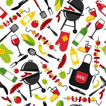 BBQ party background on white background with symbols of bbq. Seamless pattern. Illustrazione stock