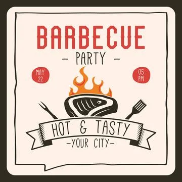 BBQ party card template with steak. BBQ grill square card for social media Stock Illustration
