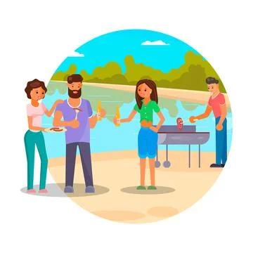Bbq party with friends, flat vector illustration. People cooking meat, sausages Stock Illustration