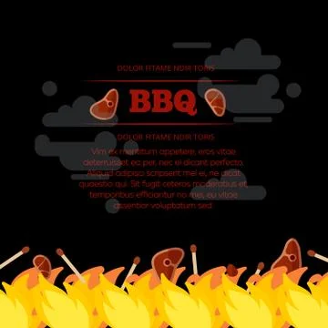 BBQ party poster design with fire and meat Illustrazione stock