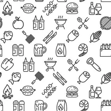Bbq Party Signs Seamless Pattern Background on a White. Vector Stock Illustration