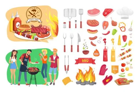 BBQ Party Time Icon Set Poster Vector Illustration Ilustración de archivo