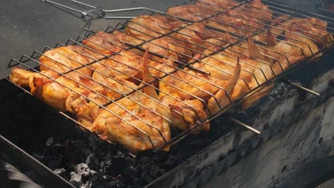 BBQ picnic time Roasted chicken legs and wings on grill. Grilling meat on Stock Footage 255272262
