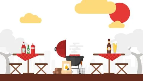 BBQ picnic vector illustration. Grilling outdoor, summer weekend, cooking on Stock Illustration