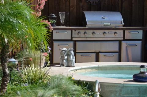 BBQ by the poolside Stock Photos