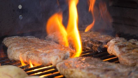 BBQ with Pork Chops, Flames Stock-Footage 90298745