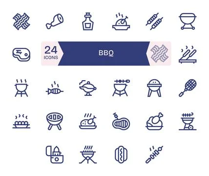 Bbq Professional Vector Set with 24 Bold Line PIXEL Perfect 128x128 Icons Stock Illustration