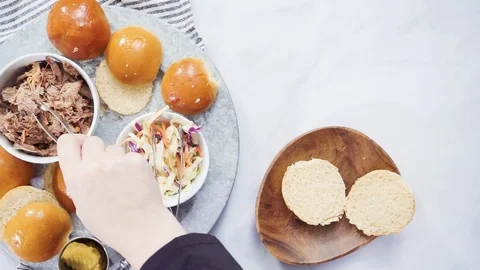 BBQ pulled pork sandwich in shape of small sliders Stock Footage 114633219