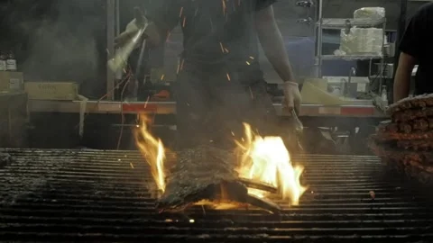 BBQ Rack of Ribs Slow Motion with Flame at Fair (Part 2) Stock Footage 219841349
