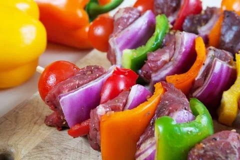 Bbq ready beef kabobs Stock Photos