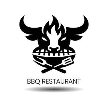 BBQ Restaurant Logo Design Featuring Bull Head and Flame Symbol Stock Illustration