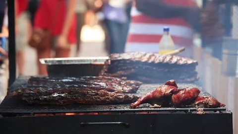 BBQ ribs on grill Stock Footage 100447956