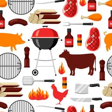 Bbq seamless pattern with grill objects and icons Stock Illustration