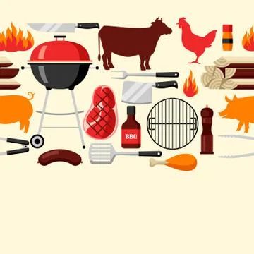 Bbq seamless pattern with grill objects and icons Stock Illustration
