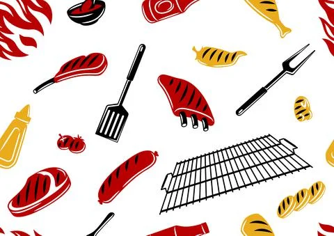 Bbq seamless pattern with grill objects and icons. Stylized kitchen and Stock Illustration