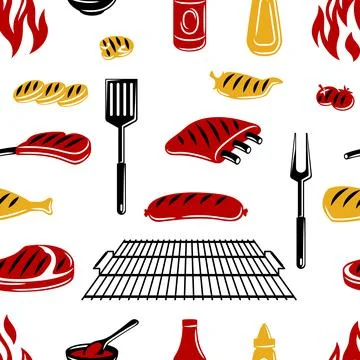 Bbq seamless pattern with grill objects and icons. Stylized kitchen and Stock Illustration