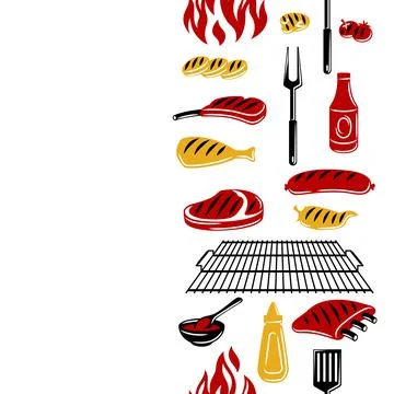 Bbq seamless pattern with grill objects and icons. Stylized kitchen and Illustrazione stock
