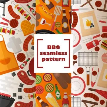 BBQ seamless pattern, vector illustration. Grilled food and accessories, flat Stock Illustration