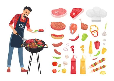 BBQ Serving Man and Icons Set Vector Illustration Stock Illustration