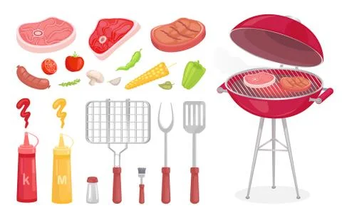BBQ Set, Barbecue Equipment and Meat, Vector Icon Ilustración de archivo