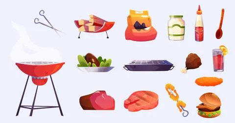 Bbq set, barbecue food and cooking stuff, tools Stock Illustration