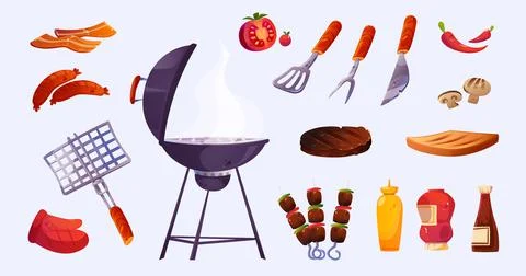Bbq set, barbecue food and cooking stuff elements Stock Illustration
