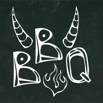 BBQ Steak Concept Lettering with Fire and Bull Horns. Meat Logo. Isolated on a Stock Illustration