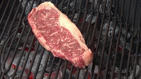 BBQ steak on grill. Grilling on fire meat. Grilling on fire meat Stock Footage 155774805