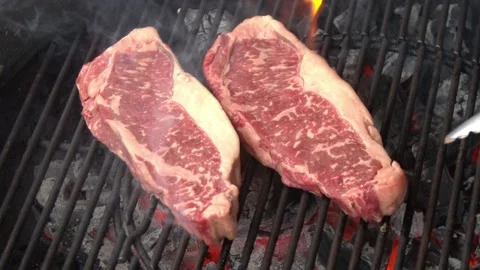 BBQ steak on grill. Grilling on fire meat. Grilling on fire meat Stock Footage 155774815